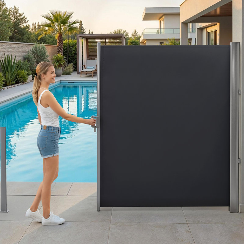 Patio Retractable Side Awning with Aluminum Frame, Waterproof Privacy Screen for Garden and Pools, Dark Grey
