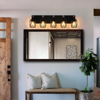 Vintage Industrial 31 - Inch 5 Wall Sconce Black Cage Lighting With Rustic Wood For Hallway, Bedroom, Living Room, Compatible Incandescent And Led Lamps Walnut Bathroom, Office, Entryway, Robust