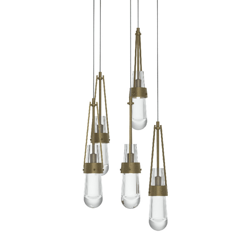 Luminaire suspendu 5 lumières Link, Long: 19 po à 130 po, Verre transparent, Doré clair