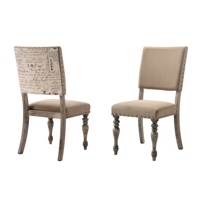 De 2 chaises de salle à manger en bois flotté à imprimé script - attrait rustique contemporain, revêtement en microfibre et détails cloutés, fabrication, l 20 po x P 25 po, H 40 po, assemblage requis avec 2 chaises