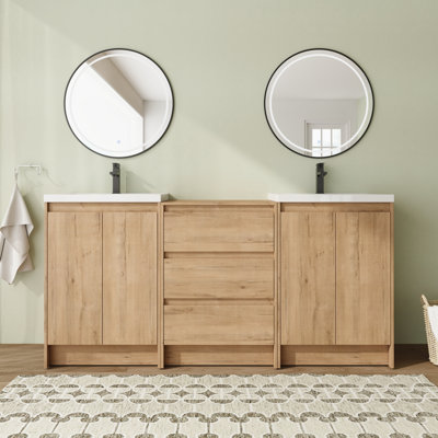 Meuble-lavabo double 72 po avec plateau en résine et tiroirs à fermeture en douceur 72 po