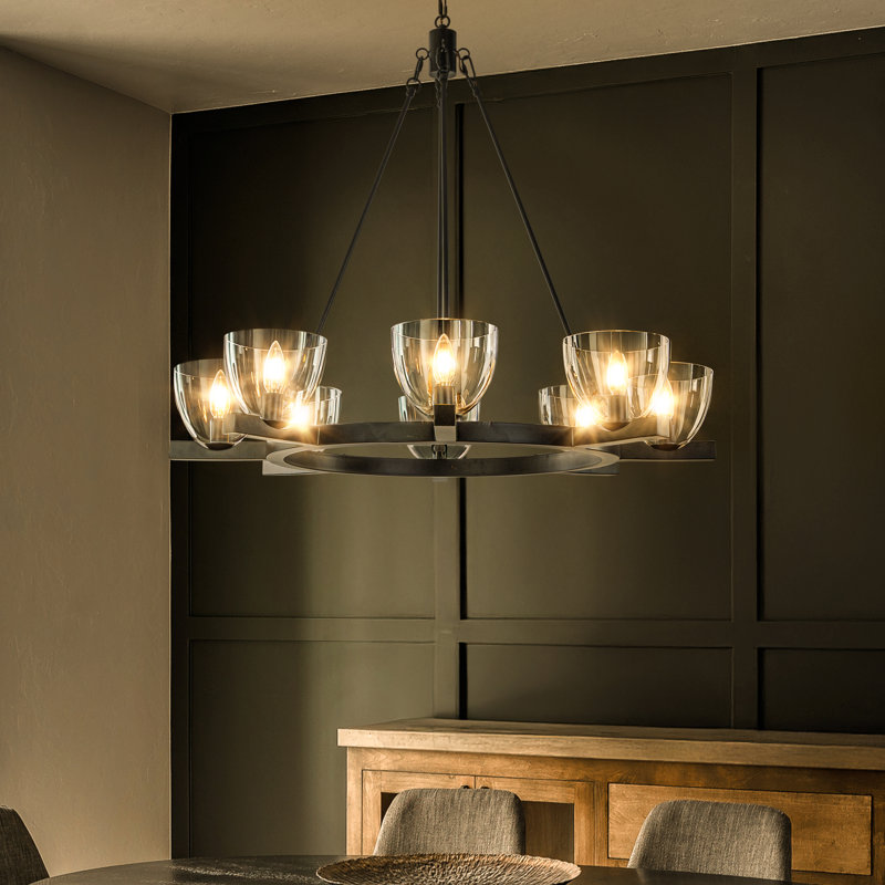 Luminaire suspendu en verre soufflé de style lustre noir mat 8 lumières de 35 po de large pour salon / salle à manger