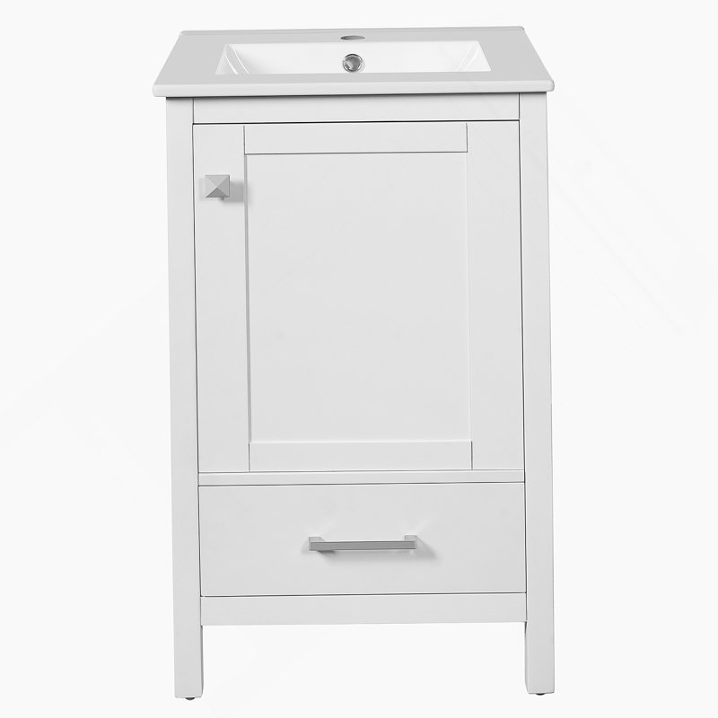 Meuble-lavabo moderne de 20 pouces avec lavabo en céramique, tiroir et porte à fermeture en douceur, organisateur de porte double couche, tiroir de séparation, patins réglables - conception de rangement peu encombrante