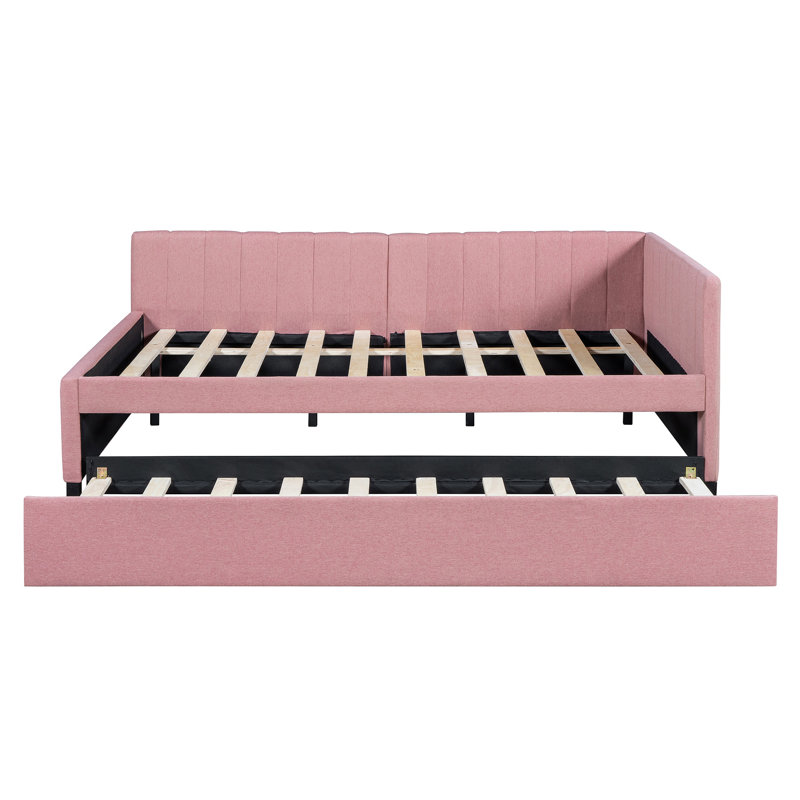 Lit de jour rembourré avec base de canapé-lit sans sommier, tissu en lin, Complet/Double, Rose
