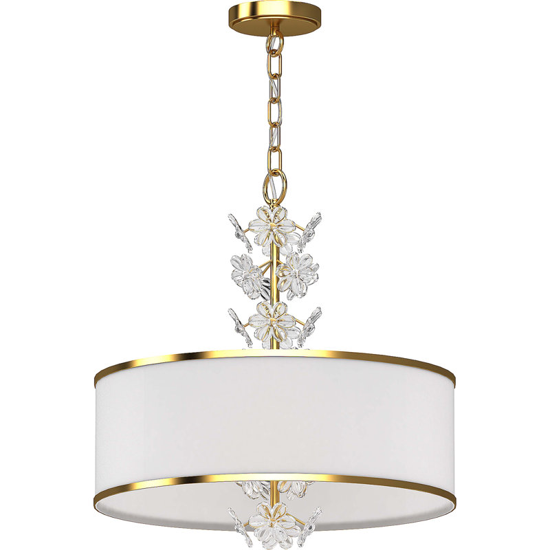 Lustre tambour 4 lumières en or antique avec abat-jour en tissu blanc et décorations en acrylique