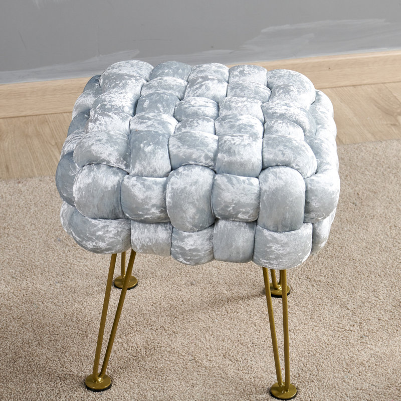 Light Blue Crushed Velvet Square Pouf Ottoman with Gold Legs