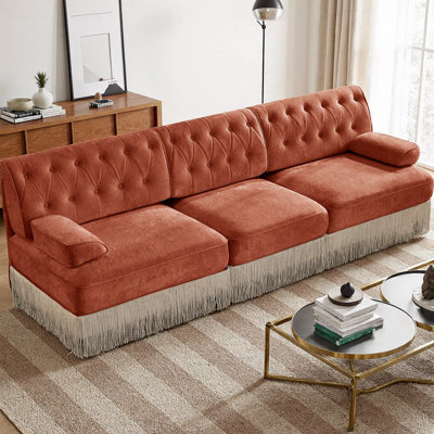 Canapé Chesterfield 3 places adapté aux animaux de compagnie, tissu en velours avec jupe à franges de sol et capitonnage à boutons, base en bois de qualité supérieure, ergonomique pour le salon
