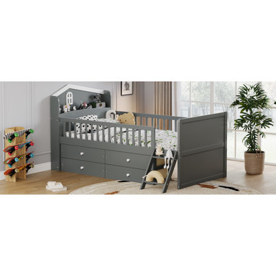 Twin Bed Frame With Storage 4 Drawers,Wooden Bed Frame,Platform Twin Size Bed With Guardrail Headboard And Ladder, No Box Spring Needed
