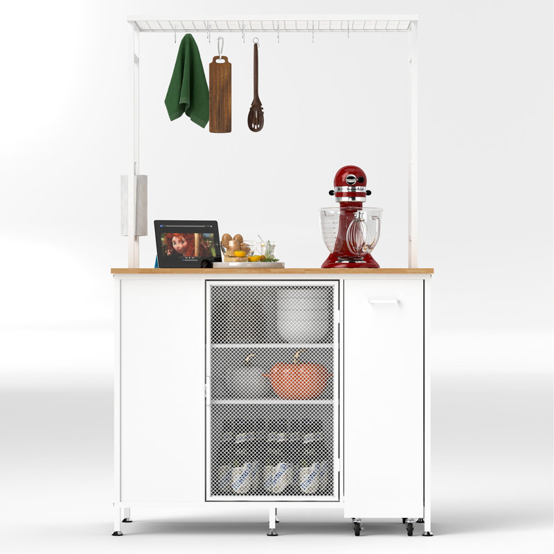Îlot de cuisine avec espace de rangement, bar pour le petit-déjeuner avec panneau rabattable pliable, grandes tablettes et tiroirs de rangement, grande table basse avec crochets, blanc