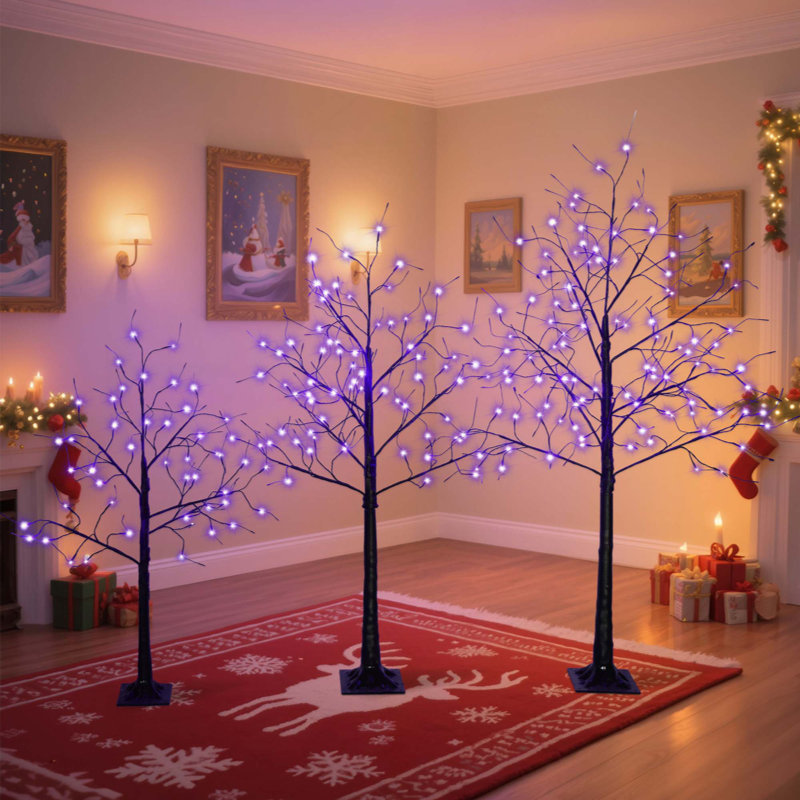 Arbre effrayant 3 lumières d'Halloween avec lumières mauves, arbre noir éclairé pour la décoration d'Halloween