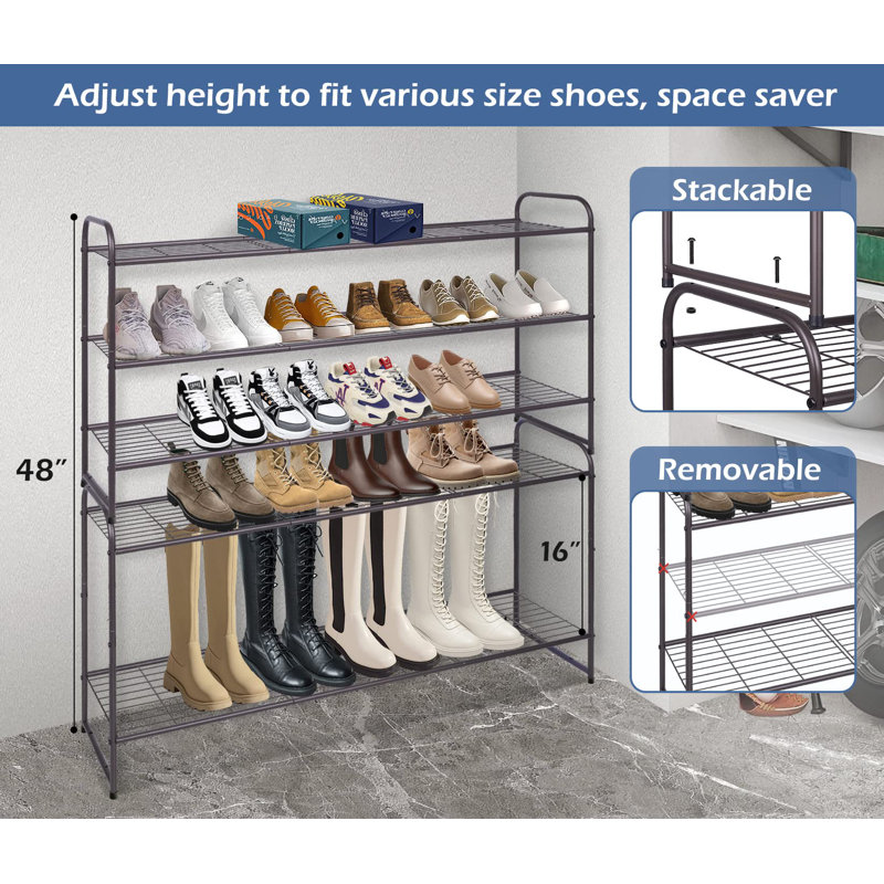 3-Tier Shoe Rack For Closet Floor Entryway, Wide Shoe Storage Organizer Stackable Metal Shoe Shelf For 24 Pairs Men Sneakers With Wire Grid For Bedroom, Bronze