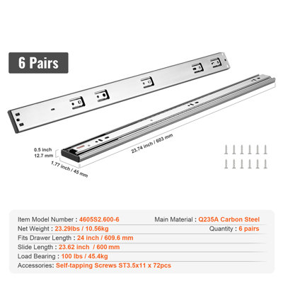 6 paires de glissières latérales de tiroir de 61 cm (24 pouces), capacité de charge de 45 kg (100 lb), rails en acier robustes à extension complète, glissières silencieuses à fermeture amortie pour armoires de cuisine avec roulement à billes