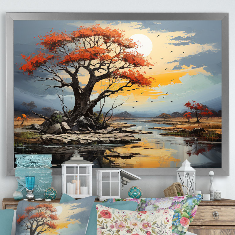 Paysage de baobab rouge sur toile, Cadre photo argenté, H 16 po x l 32 po x P 1 po