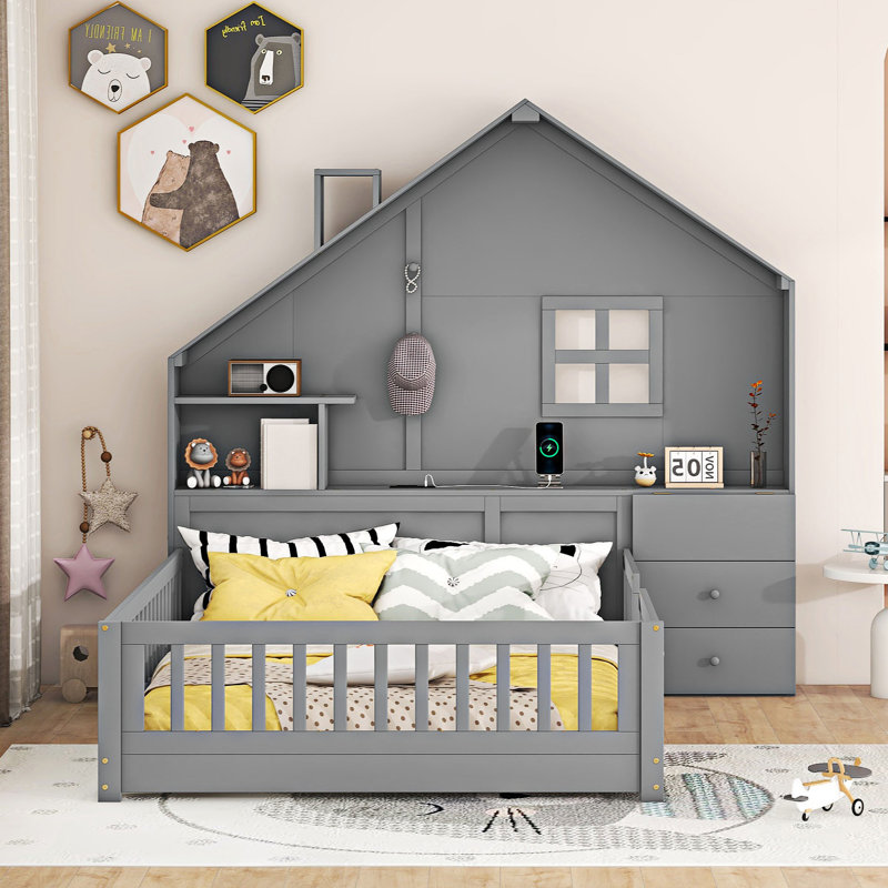 Lit plateforme double avec rangement Merrinda, gris