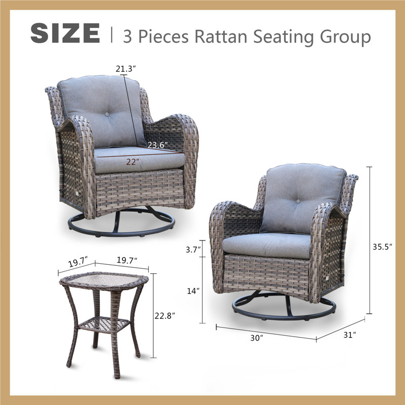 Araneli Premium All-Weather Wicker 2 - Person Patio Conversation Sets with Cushions, Warm Gray