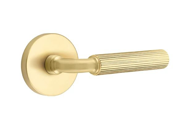 Mortaise intérieure Emtek Select Passage avec rosette à disque et tige R-Bar, levier droit moleté, Gauche, Laiton satiné