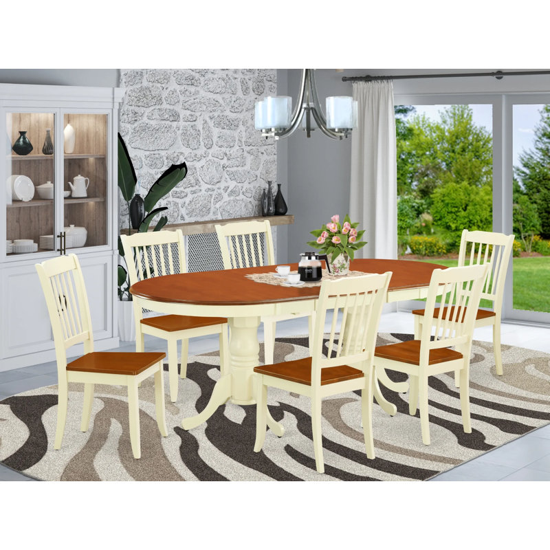 7 Piece Dining Room Table Set Consist of an Oval Wooden Table with Butterfly Leaf and 6 Kitchen Dining Chairs, Buttermilk & Cherry