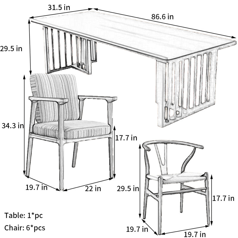 Cherry Wood Rectangular Home Dining Set, 29.5" H x 31.5" W x 86.6" L
