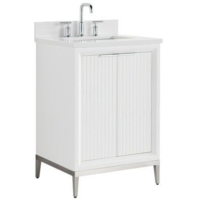 Meuble-lavabo simple argent 24 po avec plateau en quartz blanc pur