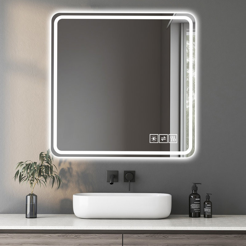 Miroir de salle de bain à DEL 36 * 36 po avec verre anti-explosion, résistant à la rouille et changeant de trois couleurs, idéal pour tous les décors