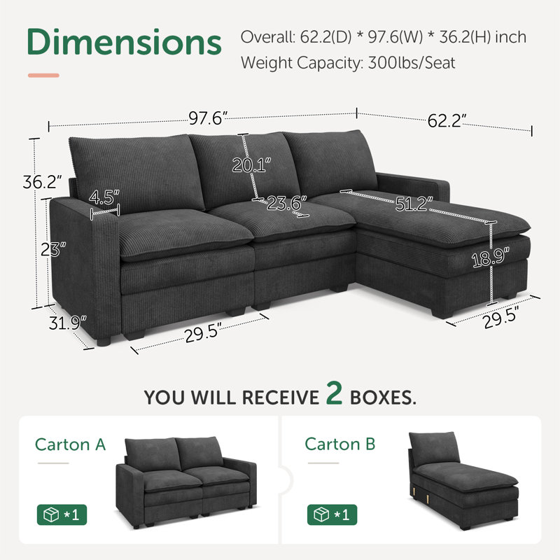 Abramson L-Shaped Corduroy Upholstered Sectional Comfy Cloud Couch, Gray Corduroy