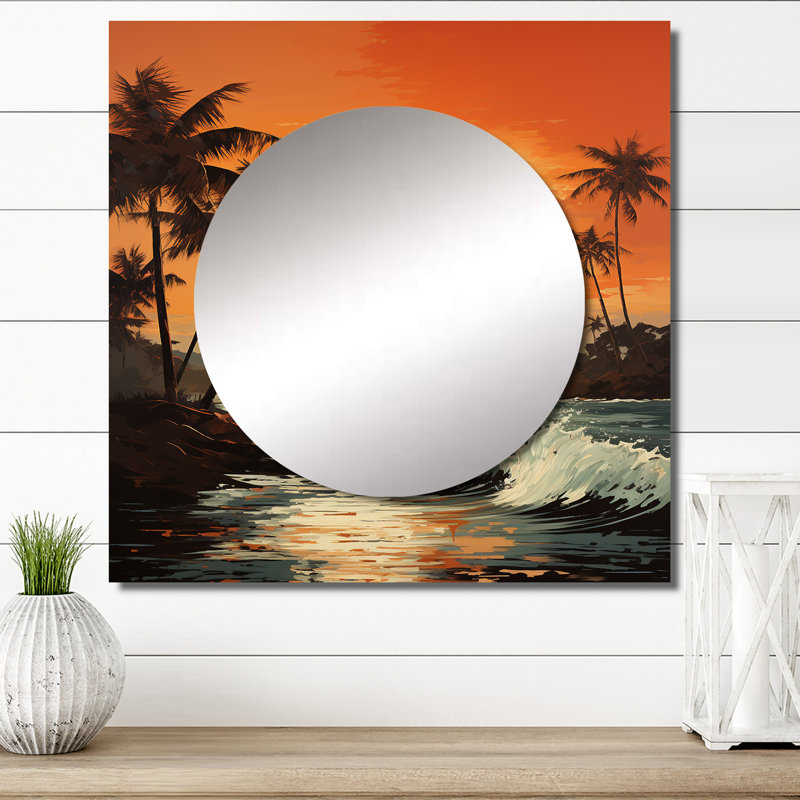 Tangerine Twilight Tropical Tranquillity Sunset I - Palm Trees Square Mirror Wall Art For Bathroom, 23" x 23"