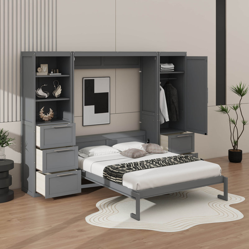Grand lit escamotable avec tiroirs et tablettes, Gris