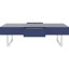 Table basse 52,4 po x 26,8 po x 15,6 po bleu lustré avec grands tiroirs cachés pour le rangement, pieds en acier inoxydable, structure rectangulaire aux lignes épurées, surface brillante tache
