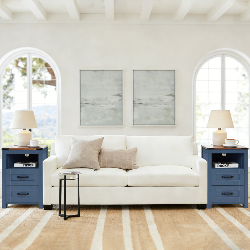 Nightstand Set Of 2 With Charging Station,Side Table With 2 Drawers Storage Cabinet For Bedroom, Living Room, Blue, 2