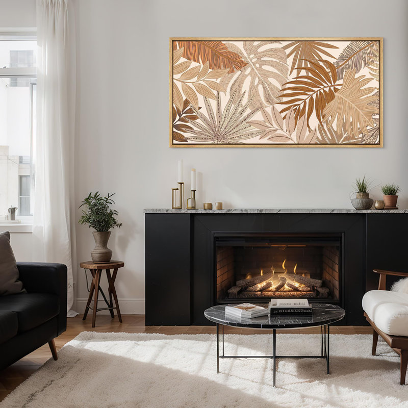 «Tropical Palm Tropical Elegance», feuille de palmier beige et brune encadrée sur toile, H 30 po x l 60 po, Naturel