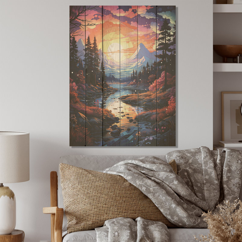 Kawaii Borealis Lamdscape - aurore boréale, art mural sur bois de pin naturel, H 20 po x l 10 po