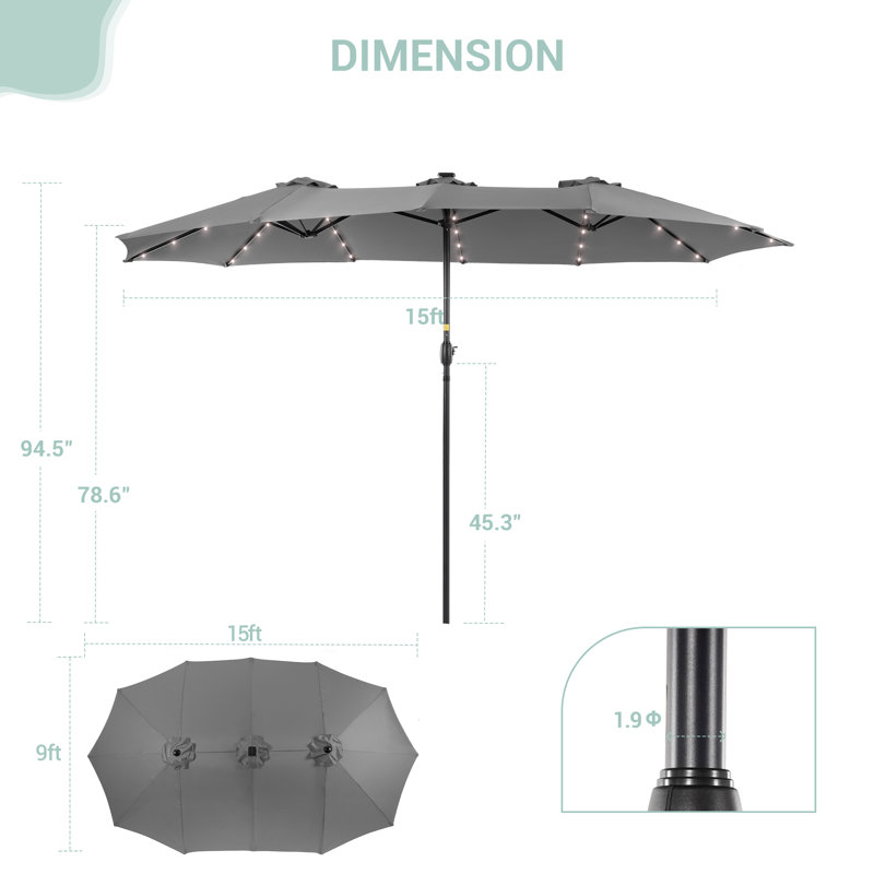 Parasol d'extérieur 15 x 9 pi à DEL double face avec base, Gris