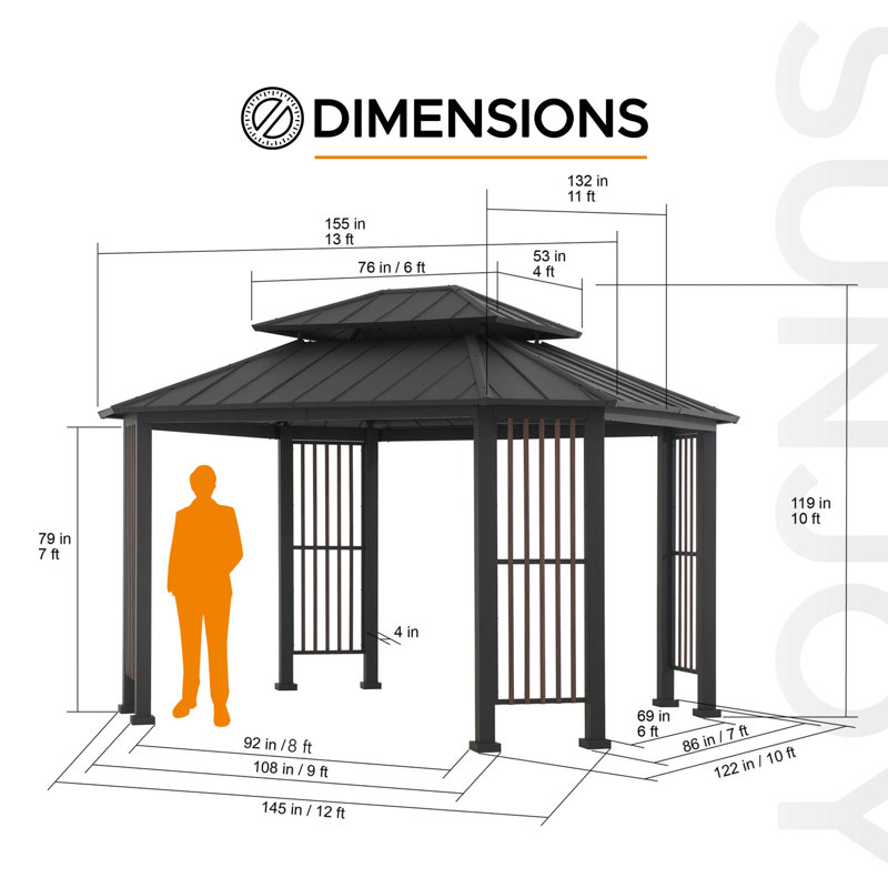 Pavillon de jardin d'extérieur à toit rigide en acier à 2 niveaux 11 pi x 13 pi avec double rails et crochets de plafond Sunjoy