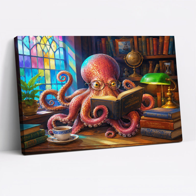 «Red Octopus», livre de lecture sur toile avec bibliothèque, 36"H x 48"W