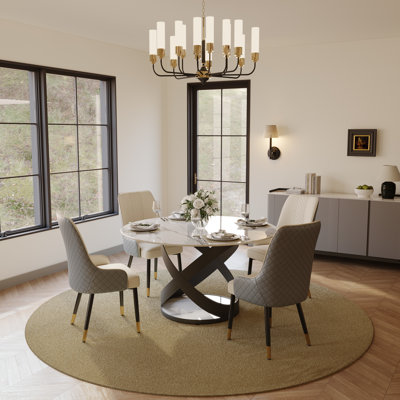 Modern Round Dining Table for 4-6 with Sintered Stone Tabletop, X Carbon Steel Base Pre-Assembly