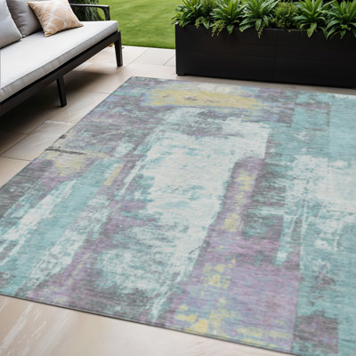 Tapis d'extérieur lavable abstrait bleu sarcelle et ivoire 5 pi x 8 pi