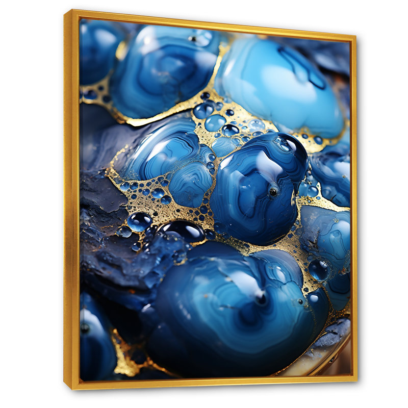 Or et saphir bleu marbré mosaïque I - impression d'art abstrait mural, Cadre flottant doré, H 32 po x l 16 po