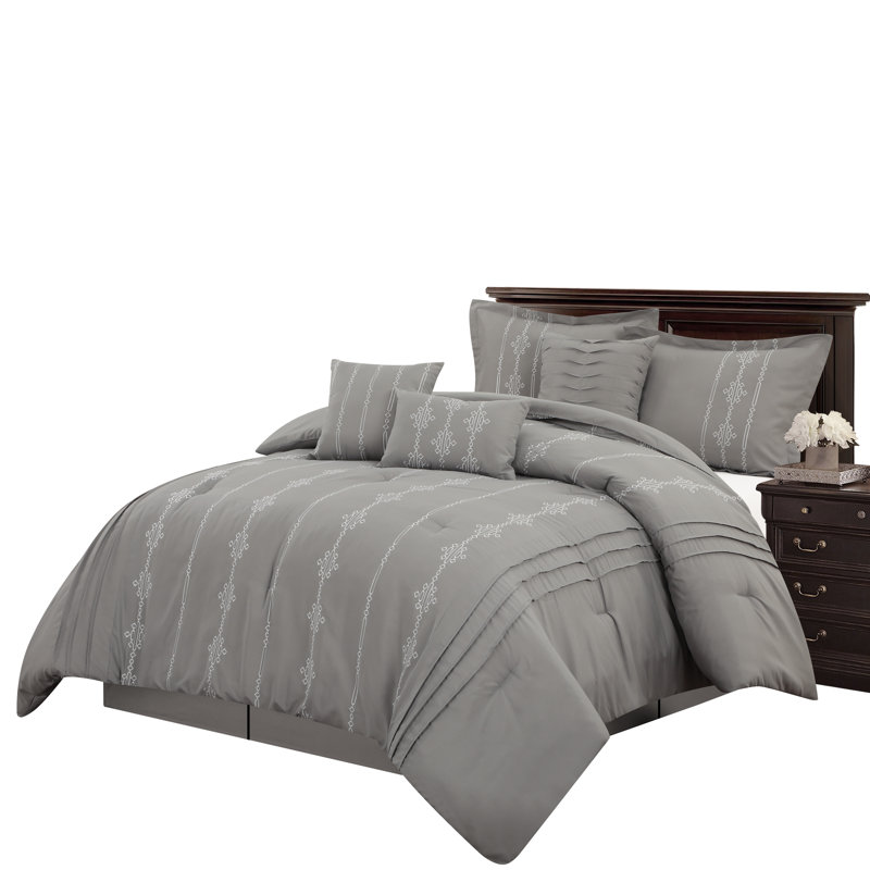  Ensemble d'édredon à rayures géométriques 7 pièces Nathalie, Grand édredon + 2 taies décoratives standard + 3, gris