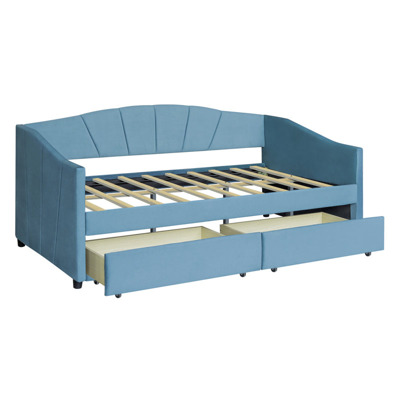Kacy Upholstered Daybed with Trundle, Sofa Bed, Blue, Twin 1