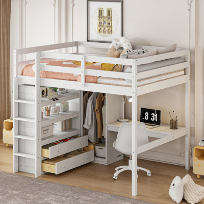 Lit mezzanine double en bois avec garde-robe intégrée, bureau, tablettes de rangement et tiroirs