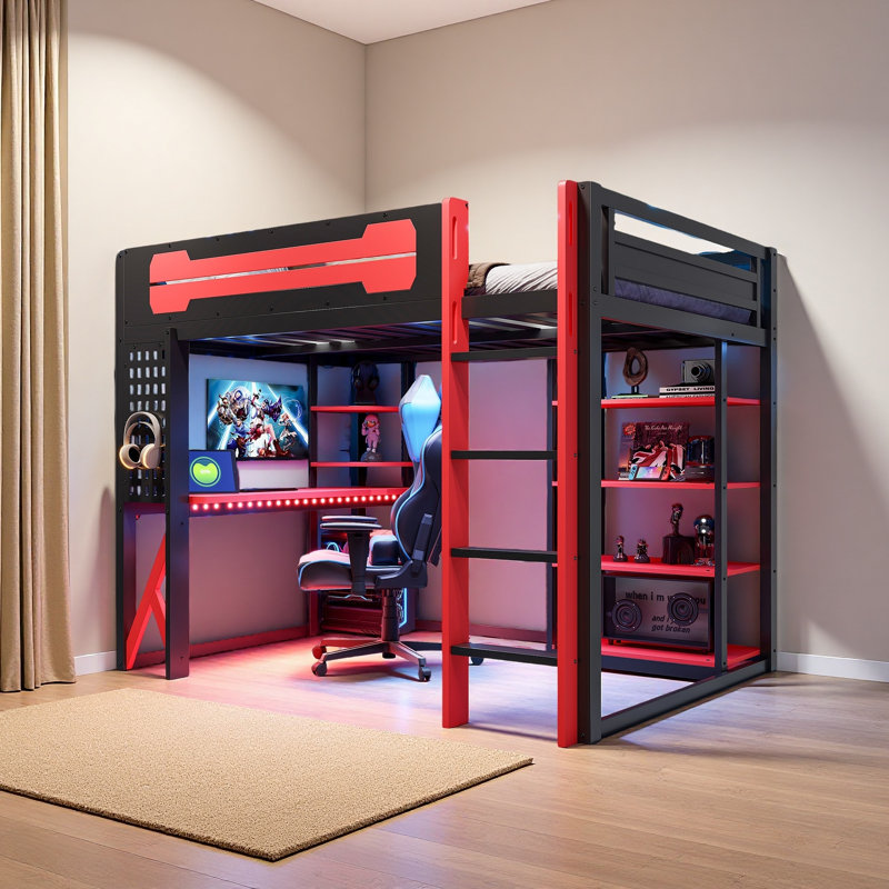 Lit mezzanine double en bois avec bureau, tablettes, prise de courant et ports USB / Type-C, Black/Red