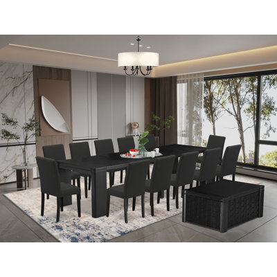 Ensemble de table de salle à manger 14 pièces comprenant une table de salle à manger rectangulaire avec une table basse et 12 chaises en tissu de lin noir, noir brossé