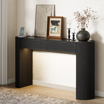 Console 55 po Tambour avec plateau ovale, 2 tiroirs cachés, lumières DEL et station de charge pour le salon, le couloir, le vestibule et le vestibule
