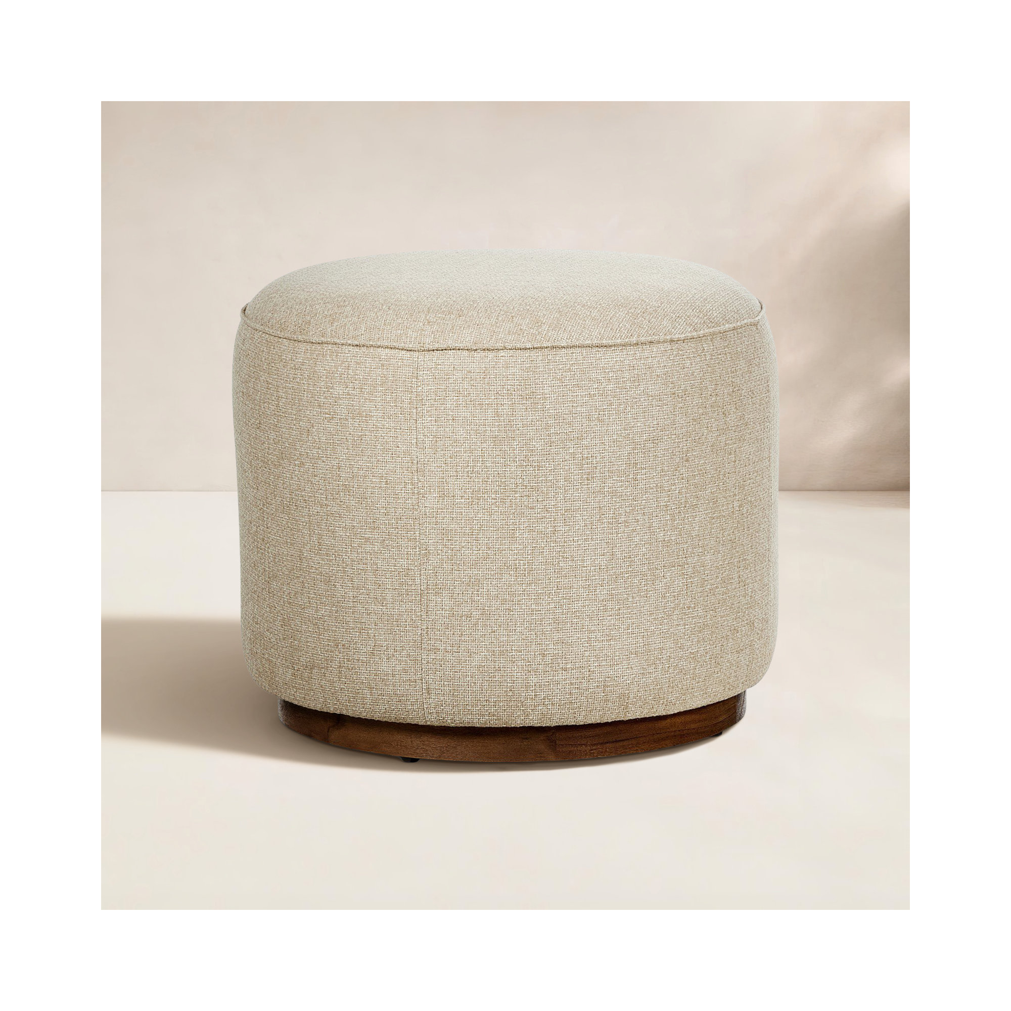 Devin Round Teak Outdoor Ottoman with Cushion, Cream