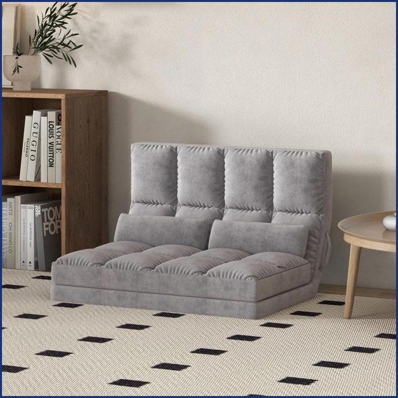 Convertible Lazy Floor Sofa Chair – Folding Couch Bed with Adjustable Backrest/Headrest, 2 Pillows, Dark Gray | Polyester