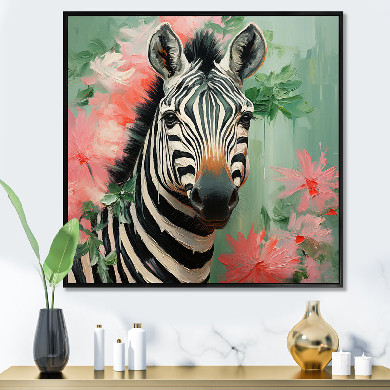 Zèbre floral rose et vert V - Art mural animal zèbre, Black Picture Framed, 36" H x 36" W