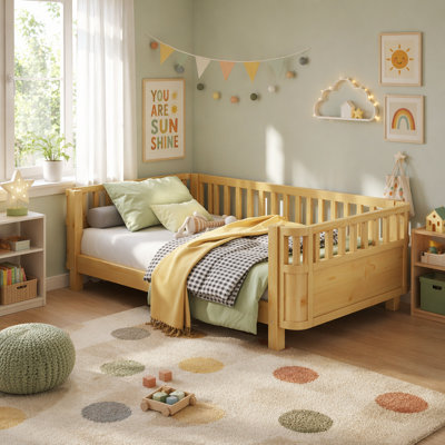 Twin Size Wood Platform Bed For Kids, Wood Low Profile Twin Bed With Rails , Natural (Patented Design)