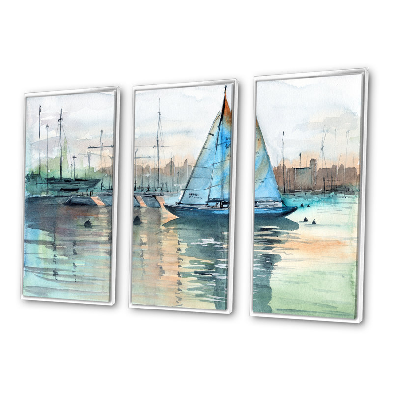 Voilier, ensemble d'art mural sur toile, Yacht Harbor, reproduction côtière - Un voilier dans une marina, H 32 po x l 48 po