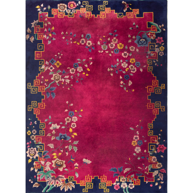 Floral Open Field Antique Chinese Art Deco Room Size Purple Wool Pile Rug