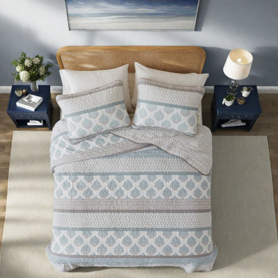 Aqua Full Queen Cotton Quilt Bedding Sets, Reversible Bedroom Comfort